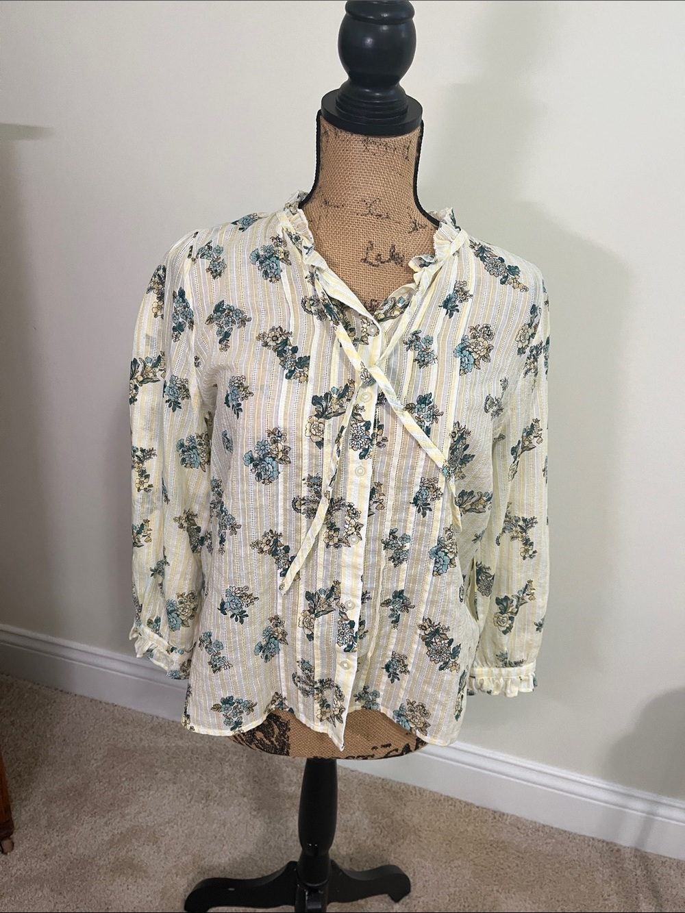 LOFT Yellow Blouse with Blue Floral Print